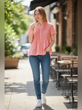Island Company Coral Pintuck Linen Peplum Blouse